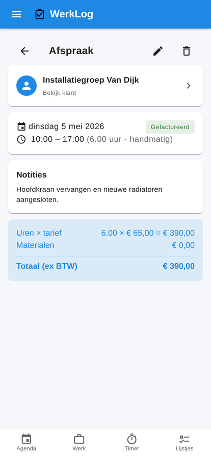 WerkLog opdracht-detail met klant, uren en materialen