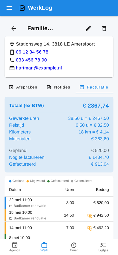 WerkLog klantenkaart met tabs Afspraken, Notities en Facturatie