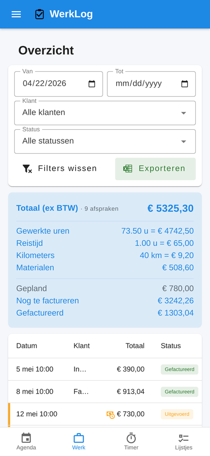 WerkLog overzicht met totalen en exportknop
